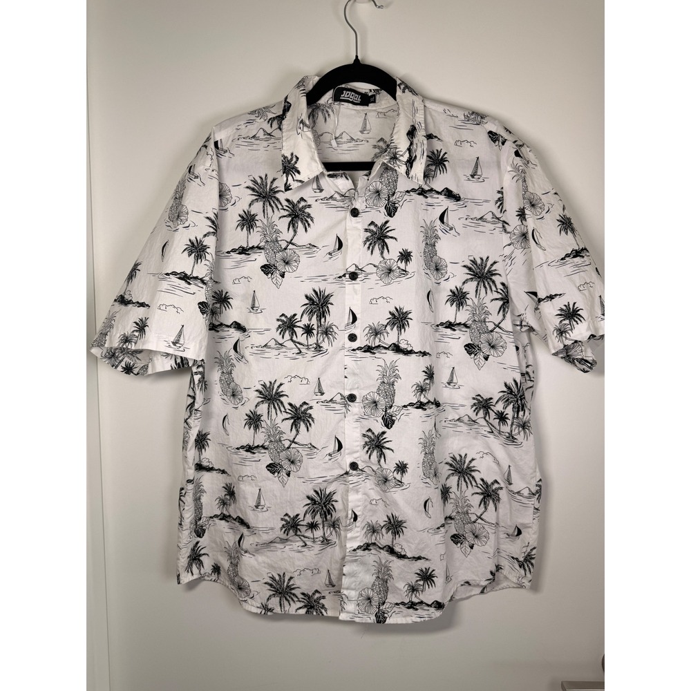 Hawaiian Button Down Shirt Mens XL White Tropical Palm Tree Pineapple Cotton